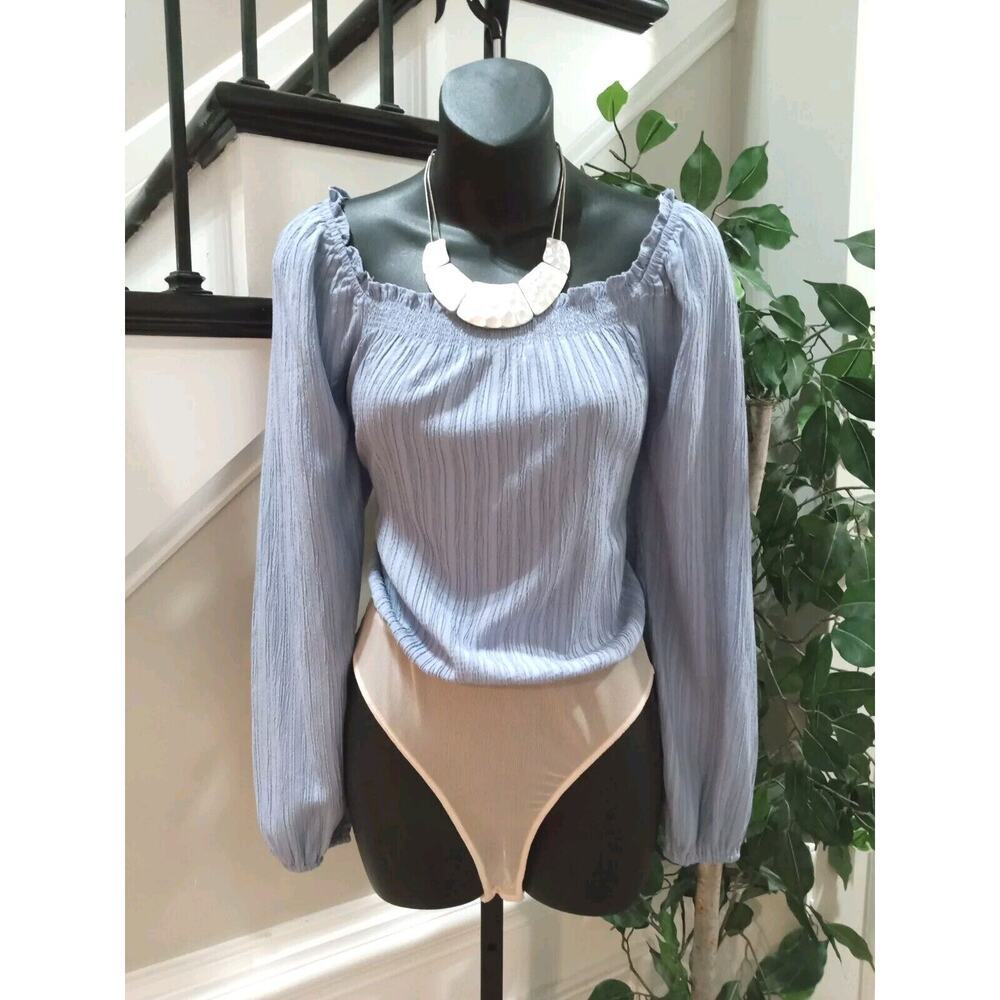Lush Women Blue Crush Ruched Rayon Off The Shoulder Long Sleeve Bodysuit Small